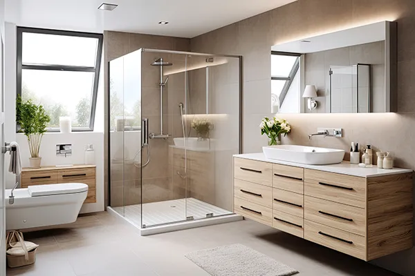 Modern bathroom interior with wood vanity and glass shower | Carpetland USA Granite & Flooring