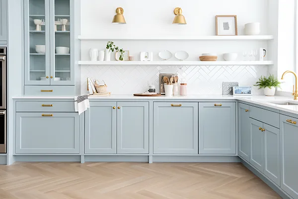 Modern 3D kitchen design with blue cabinets and wood flooring | Carpetland USA Granite & Flooring