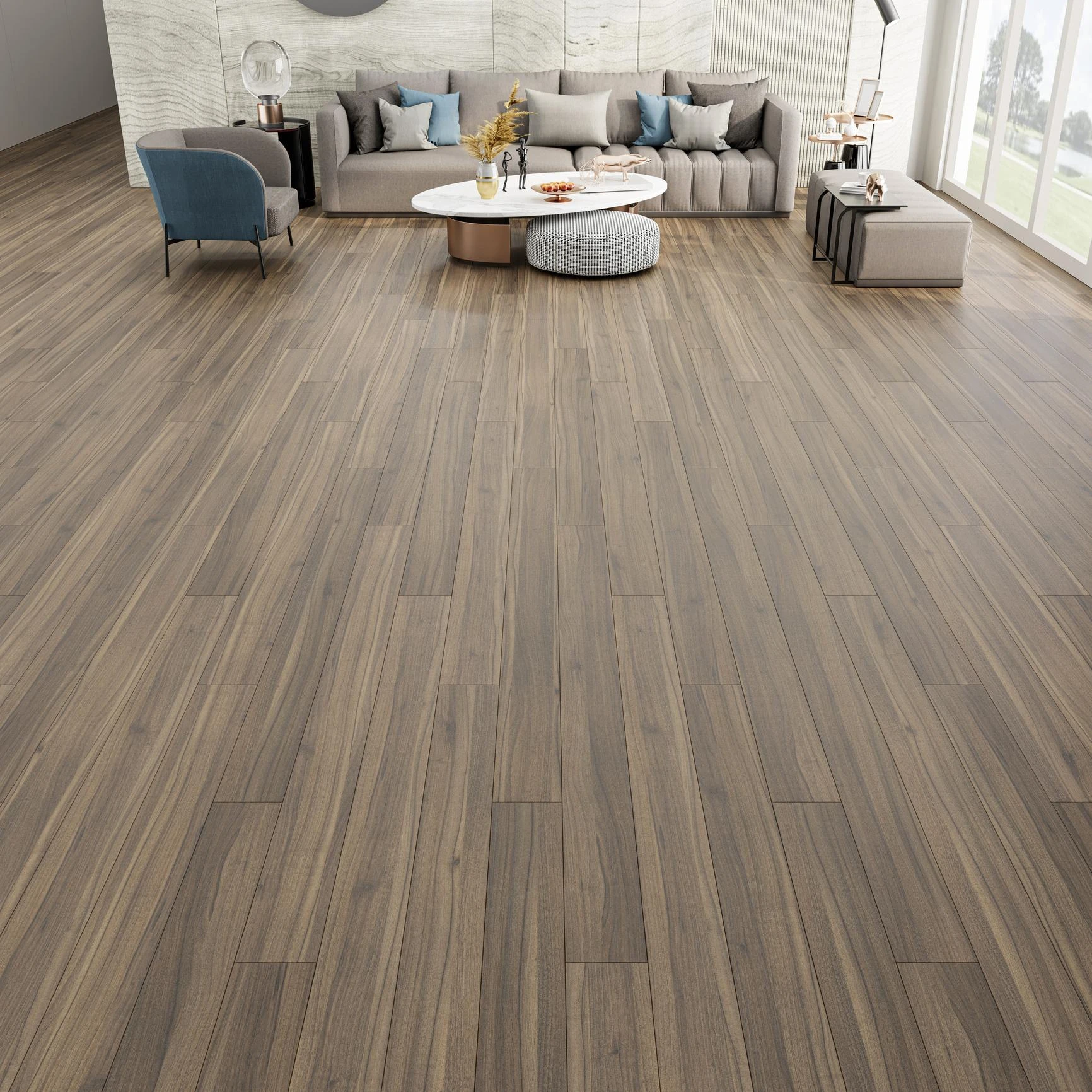 3D living room visualization with wood flooring and modern furniture | Carpetland USA Granite & Flooring