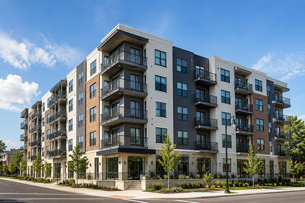 Modern apartment building with balconies and landscaped surroundings | Carpetland USA Granite & Flooring