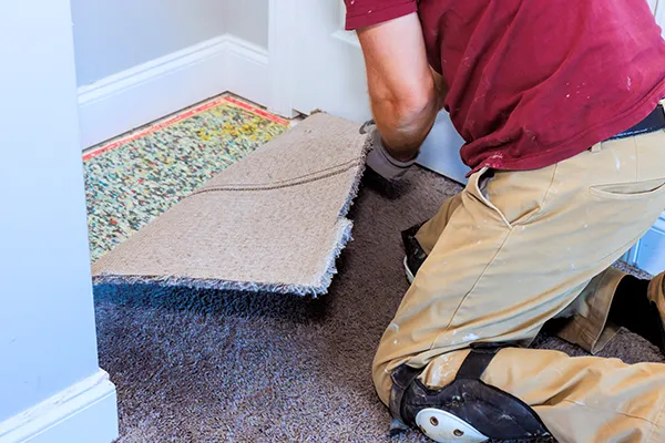 Worker removing old carpet from a room during a professional carpet removal service | Carpetland USA Granite & Flooring