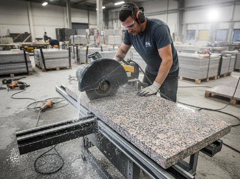 Granite specialist precisely cutting a custom stone countertop in a fabrication facility | Carpetland USA Granite & Flooring