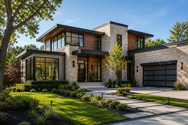 Modern luxury home featuring stone walls, wood accents, and large windows | Carpetland USA Granite & Flooring