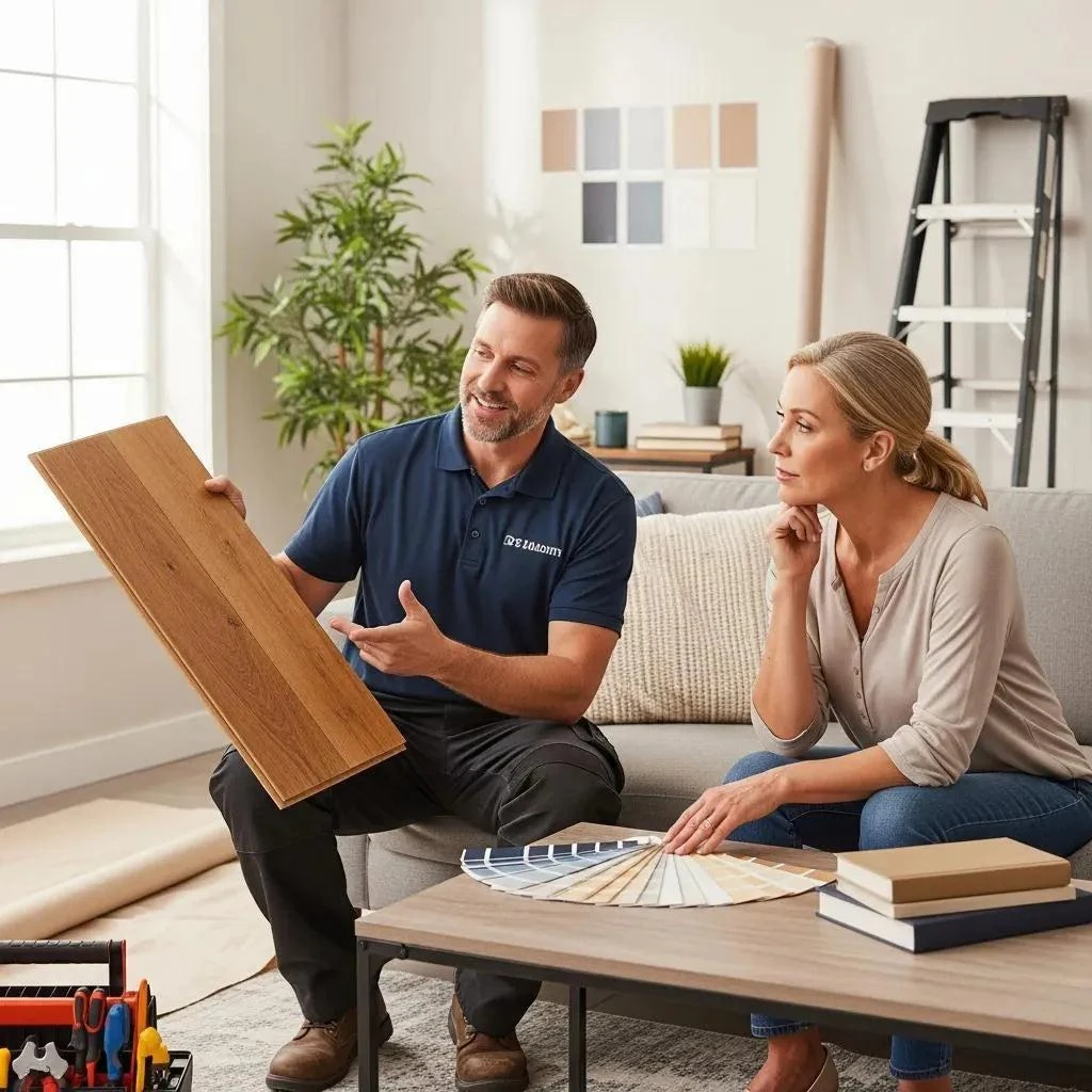 Flooring specialist showing a homeowner wood flooring samples during a consultation | Carpetland USA Granite & Flooring