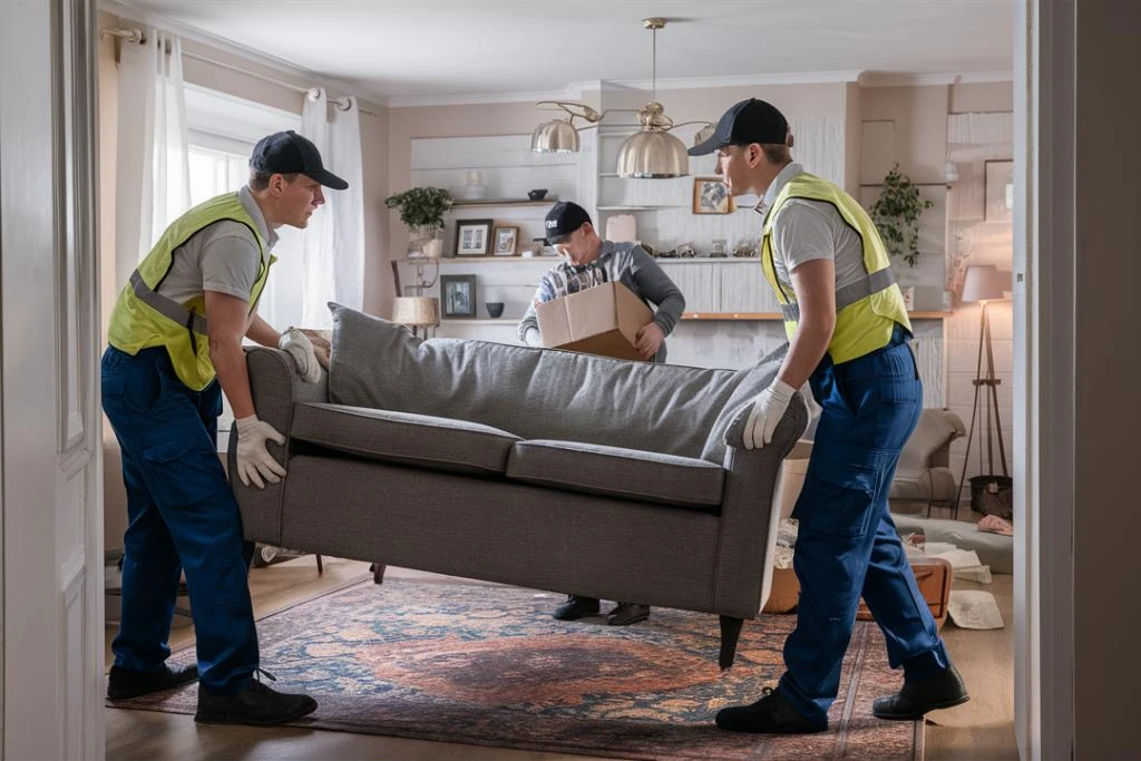 Professional furniture removal team moving a sofa from a residential home | Carpetland USA Granite & Flooring