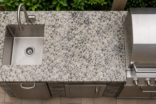 Overhead view of outdoor kitchen with granite countertops | Carpetland USA Granite & Flooring