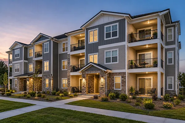 Multi-family apartment building with balconies and landscaped walkways | Carpetland USA Granite & Flooring