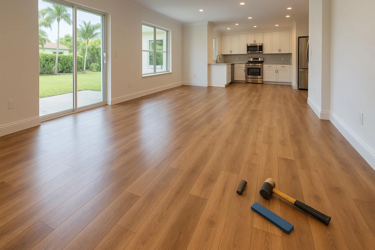 New wood flooring in an open living room and kitchen | Carpetland USA Granite & Flooring