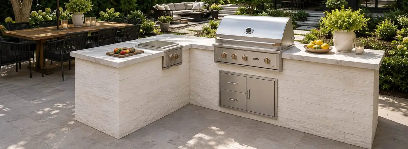 Outdoor cabinets in a modern outdoor kitchen with white stone | Carpetland USA Granite & Flooring