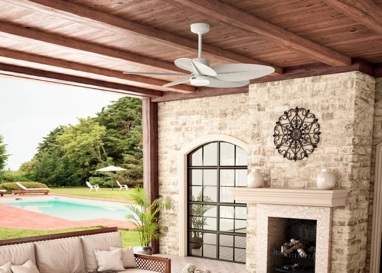Outdoor fan in patio area with pool visible | Carpetland USA Granite & Flooring