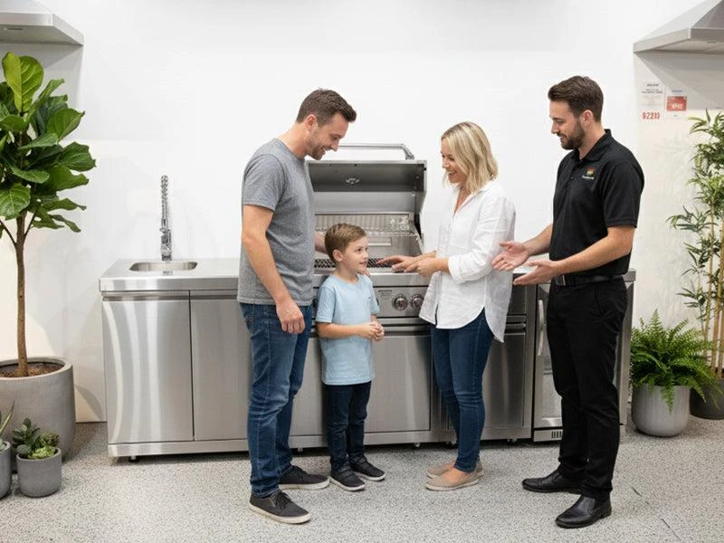 Family reviewing home flooring options with a flooring specialist in a showroom | In-Store Flooring Consultation | Carpetland USA Granite & Flooring