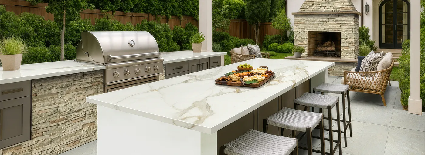Lightly colored outdoor kitchen with grill and fireplace and spacious seating | Carpetland USA Granite & Flooring