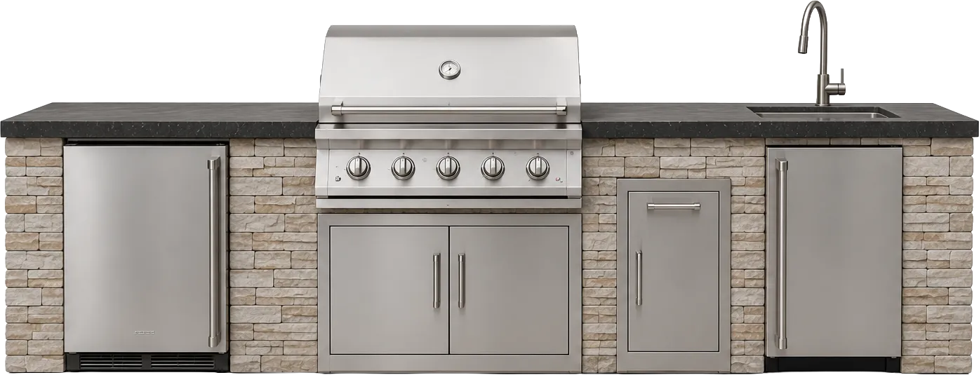 Outdoor kitchen setup with refrigerator, grill, sink and cabinets | Carpetland USA Granite & Flooring