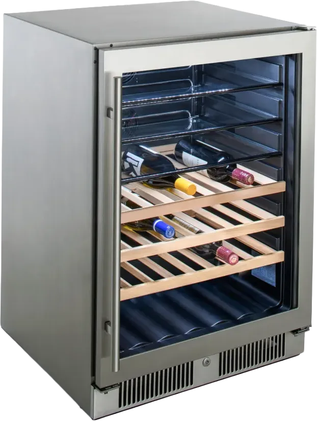 Outdoor refrigerator with glass front door and drinks inside | Carpetland USA Granite & Flooring