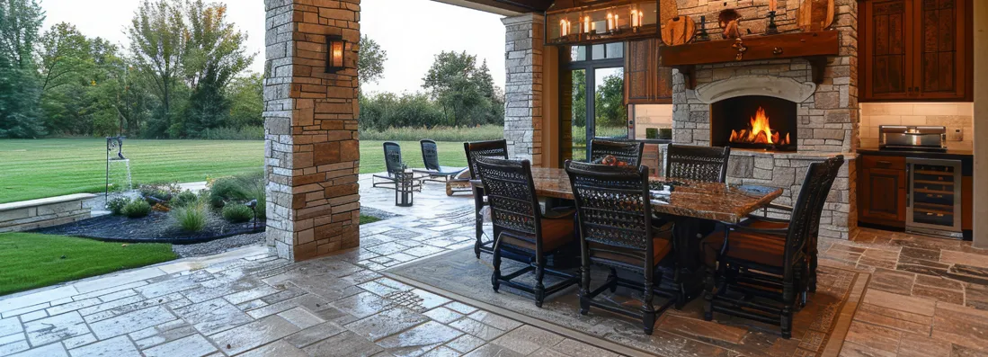 Outdoor Fireplace with dinning area | Carpetland USA Granite & Flooring