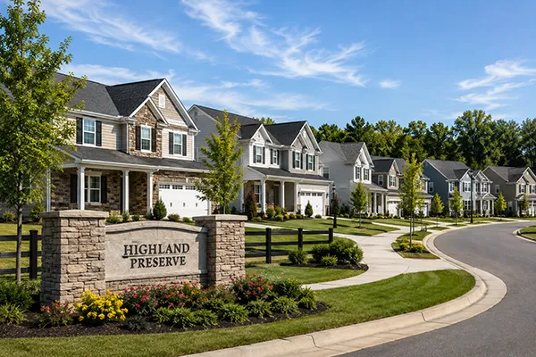 Newly constructed houses along a landscaped community street | Carpetland USA Granite & Flooring