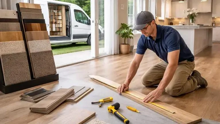 Flooring professional measuring wood flooring during an in-home estimate | Carpetland USA Granite & Flooring