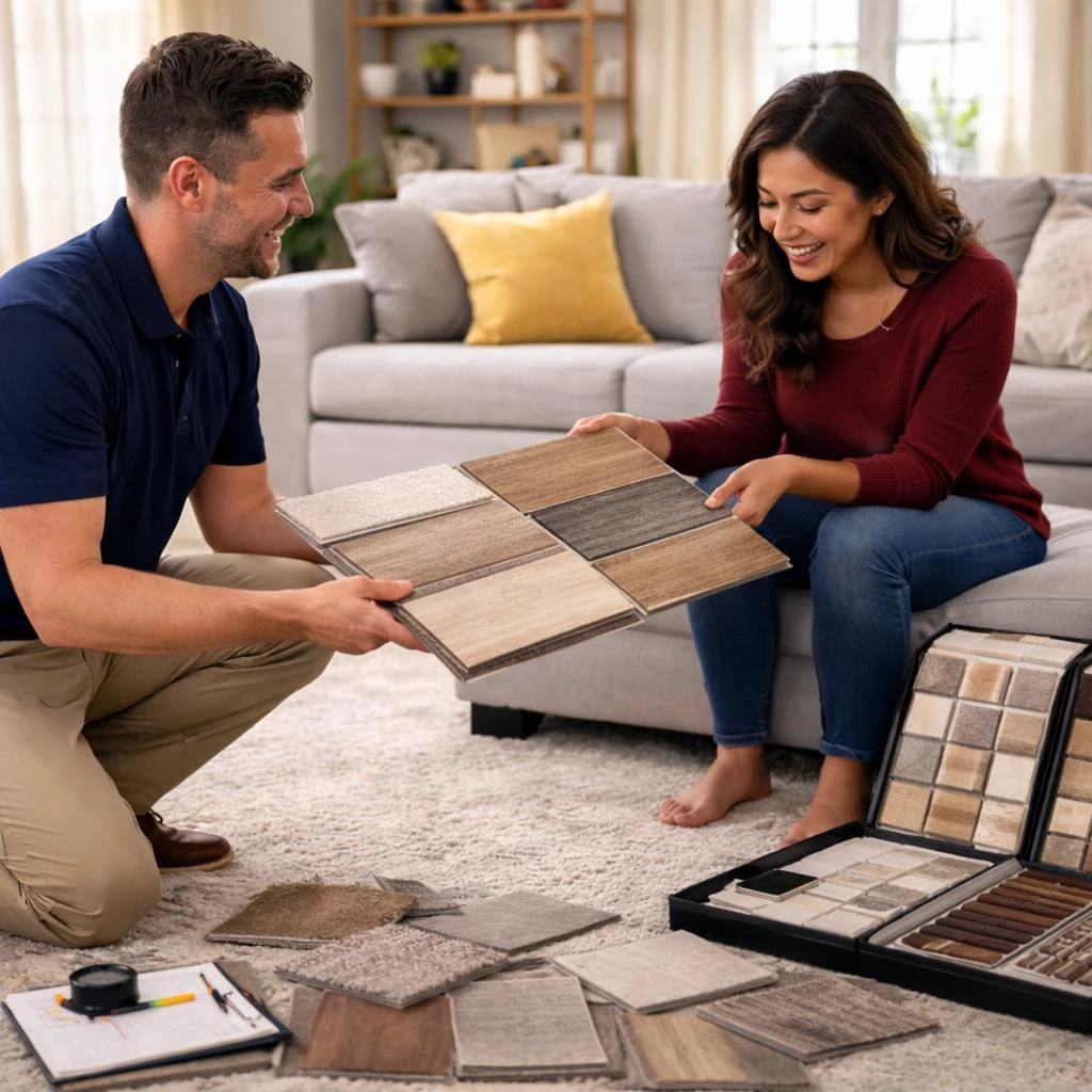Customer reviewing carpet and flooring samples with a consultant | Carpetland USA Granite & Flooring