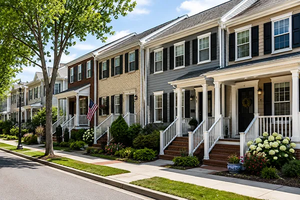 Modern townhouse homes along a residential street | Carpetland USA Granite & Flooring