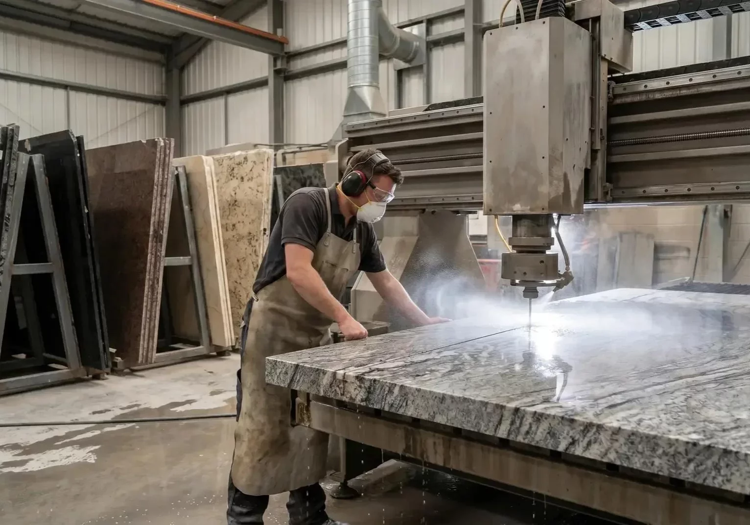 Worker using CNC equipment | Carpetland USA Granite & Flooring