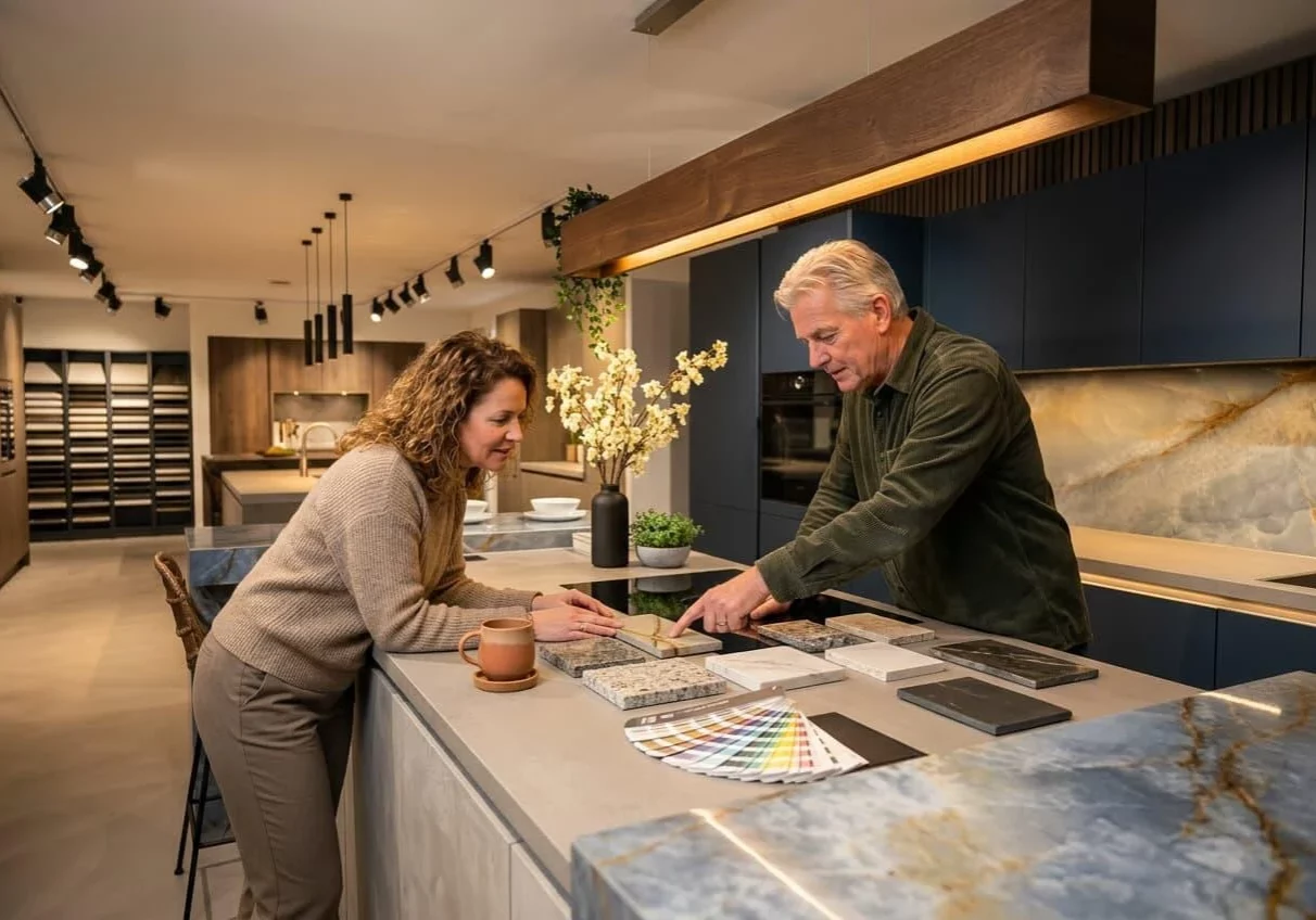 Consultant helping a customer choose kitchen countertop materials | Carpetland USA Granite & Flooring
