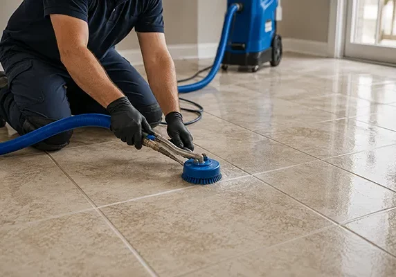 Working professionally cleaning grout with cleaning machine | Carpetland USA Granite & Flooring