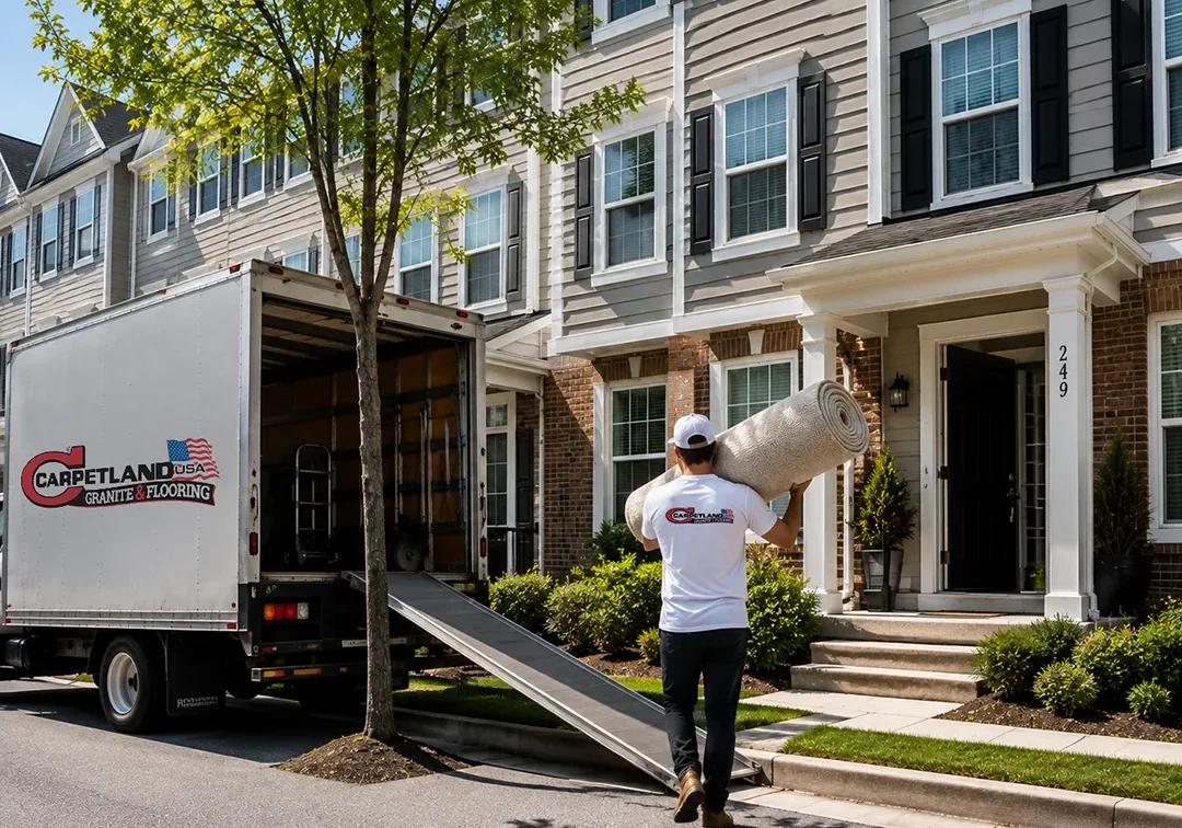 Flooring installer carrying a rolled carpet into a home | Carpetland USA Granite & Flooring