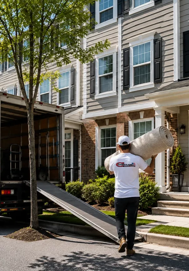 Flooring installer carrying a rolled carpet into a home | Carpetland USA Granite & Flooring